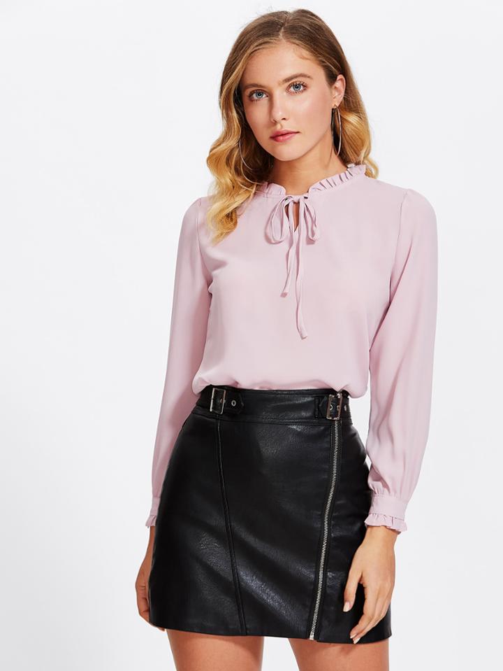 Romwe Self Tie Neckline Ruffle Shirt