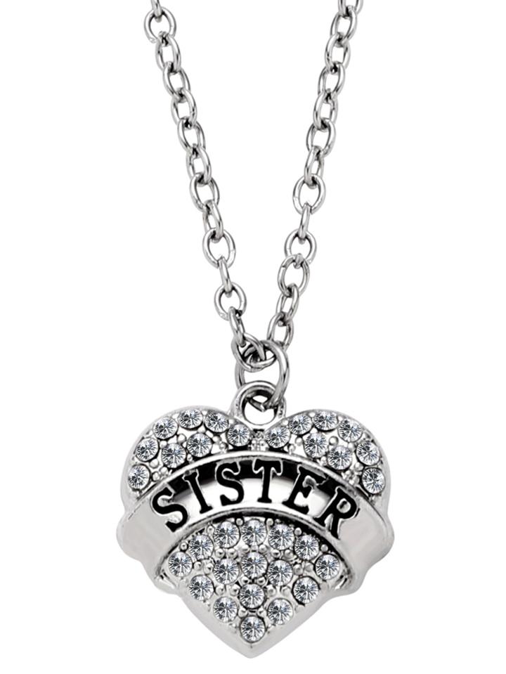 Romwe Silver Rhinestone Heart Shaped Sister Lettering Pendant
