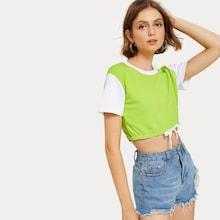 Romwe Cut And Sew Knot Hem Crop Tee