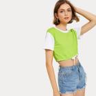 Romwe Cut And Sew Knot Hem Crop Tee