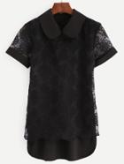 Romwe Embroidery Black Sheer Mesh Short Sleeve Blouse
