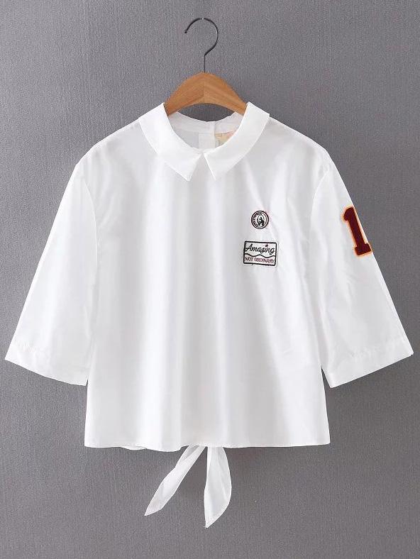 Romwe White Peter Pan Collar Knotted Applique Blouse