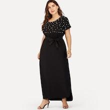 Romwe Plus Tie Waist Pearl Beaded Dress