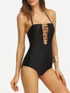 Romwe Beaded Crisscross Plunge Neck One-piece Swimwear