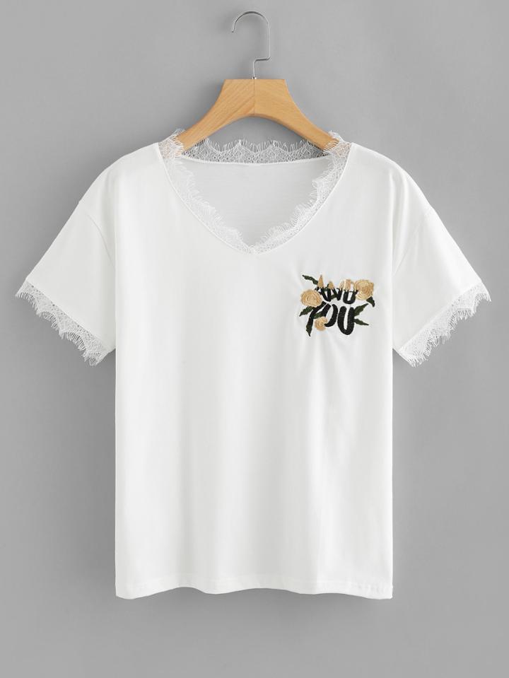 Romwe Lace Trim Embroidered Tee