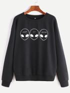 Romwe Black Alien Print Drop Shoulder Sweatshirt