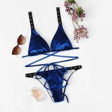 Romwe Eyelet Buckle Strappy Velvet Bikini Set