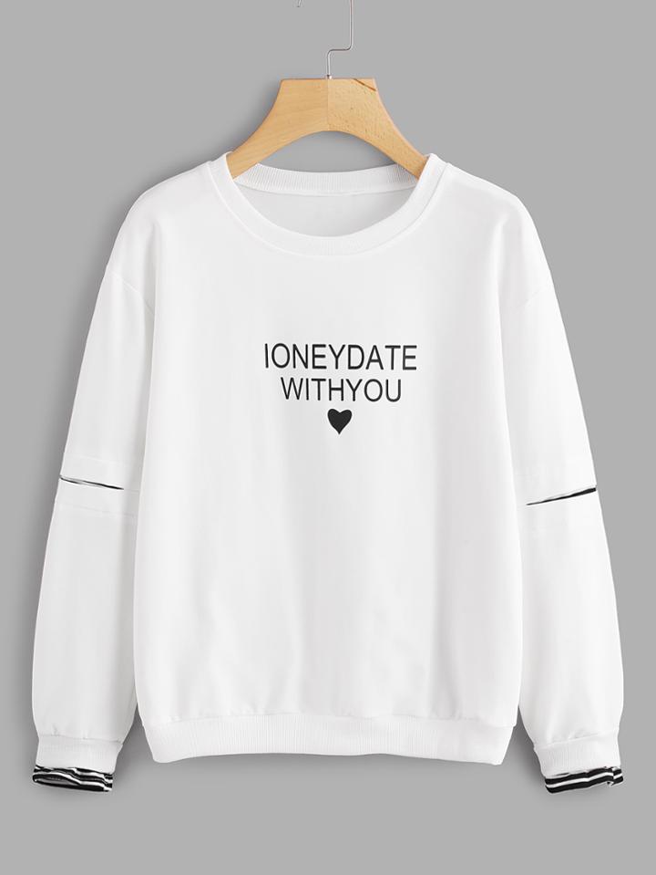 Romwe Letter Print Contrast Cuff Pullover