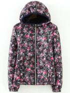 Romwe Hooded Zipper Florals Black Coat