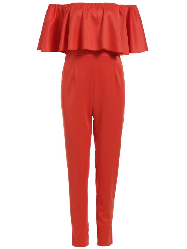 Romwe Strapless Ruffle Slim Orange Jumpsuit