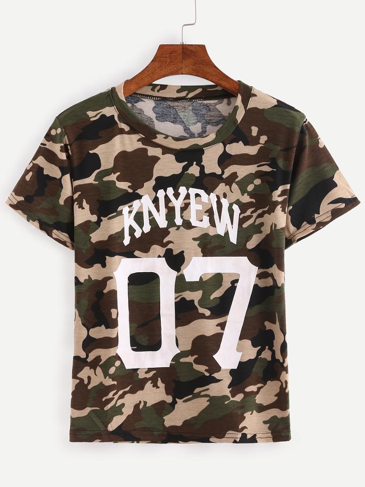 Romwe Varsity Print Camouflage T-shirt - Olive Green