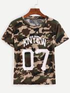 Romwe Varsity Print Camouflage T-shirt - Olive Green