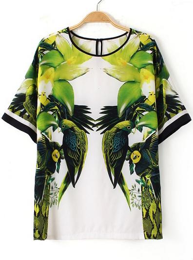 Romwe White Short Sleeve Parrot Print T-shirt