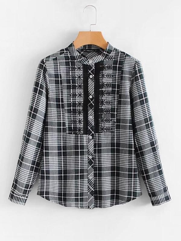 Romwe Embroidery Detail Curved Hem Plaid Blouse
