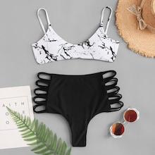 Romwe Ladder Cut Out Marble Print Mix & Match Bikini