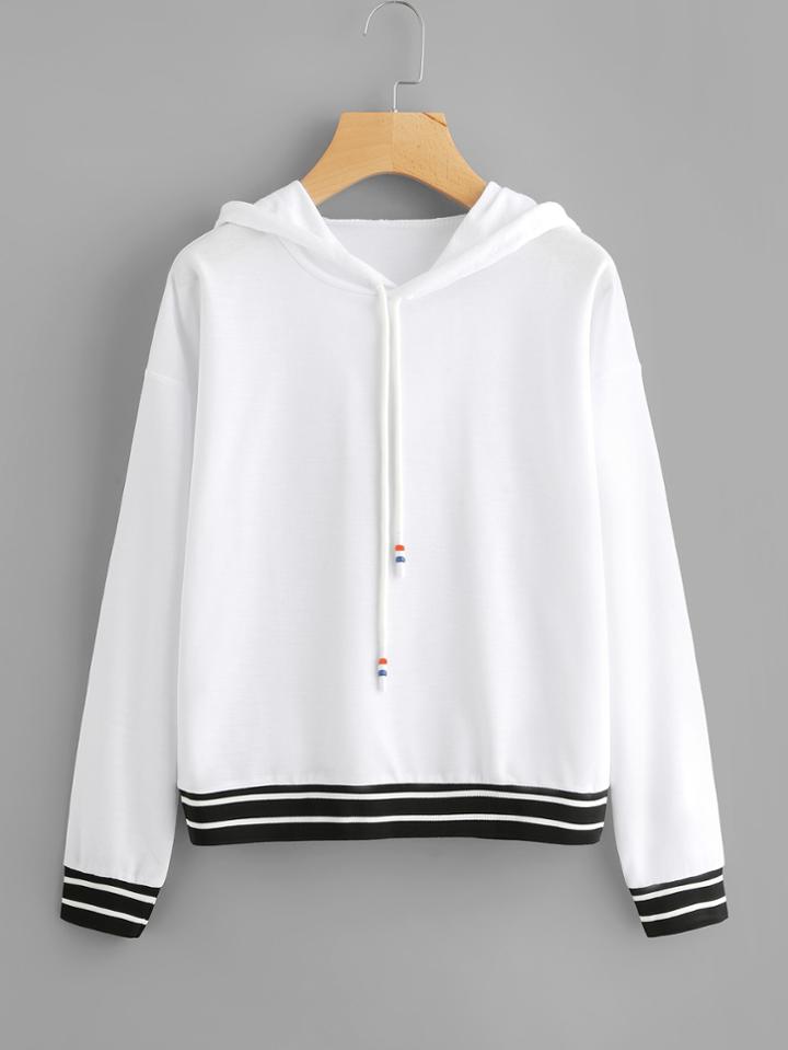 Romwe Striped Trim Drawstring Hoodie