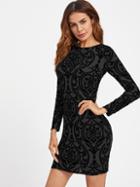 Romwe Damask Print Keyhole Back Bodycon Dress