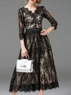 Romwe Black Eyelash Lace A-line Midi Dress