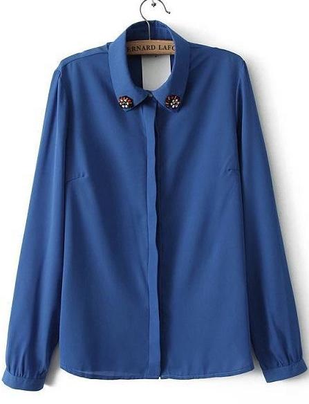 Romwe Lapel With Bead Chiffon Blue Blouse