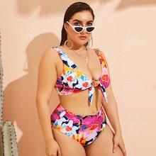 Romwe Plus Floral Knot Top With High Waist Bikini