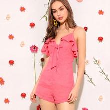 Romwe Knot Front Ruffle Trim Cami Romper