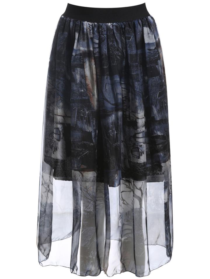 Romwe Elastic Waist Vintage Print Chiffon Black Skirt
