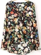 Romwe V Neck Floral Print Dipped Hem Blouse