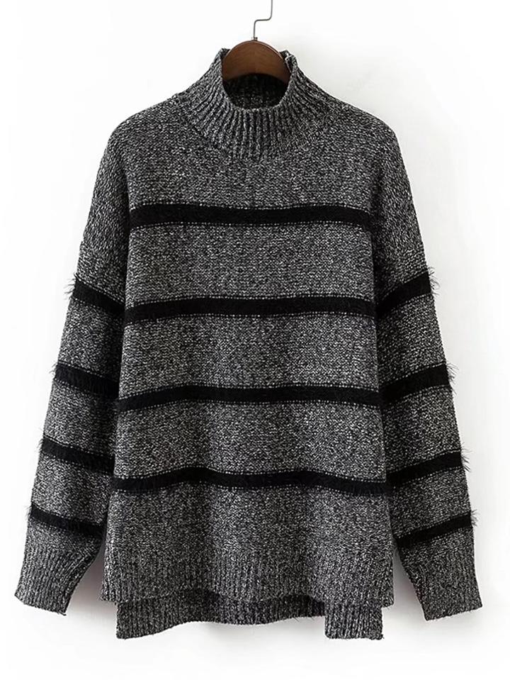 Romwe High Neck Striped Jumper Sweater