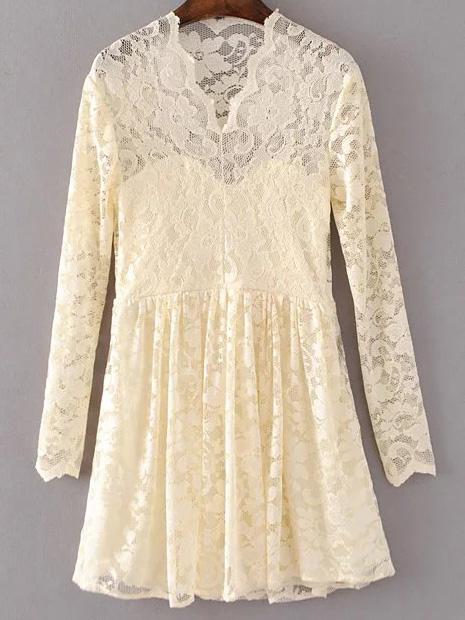 Romwe Beige V Neck Lace Dress
