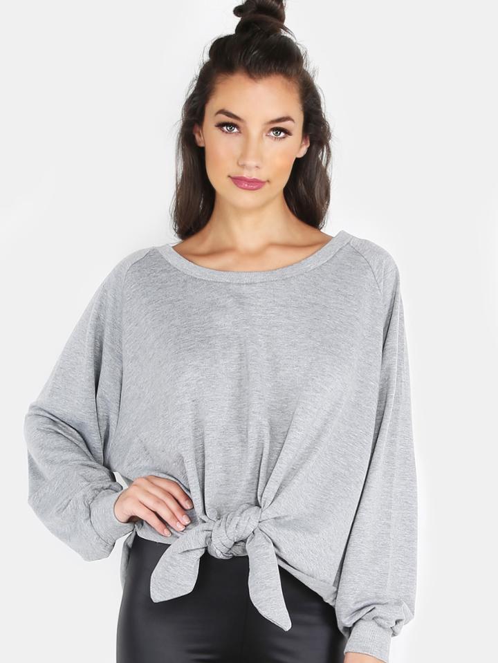 Romwe Knotted Crew Neck Sweater Heather Grey