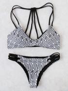 Romwe Black And White Strappy Back Bikini Set