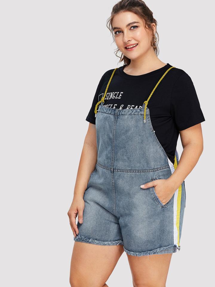 Romwe Stripe Contrast Bleach Wash Denim Overalls