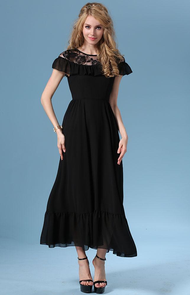 Romwe Lace Insert Ruffle Chiffon Dress