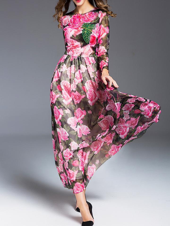 Romwe Black Sheer Flowers Print Maxi Dress