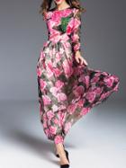 Romwe Black Sheer Flowers Print Maxi Dress
