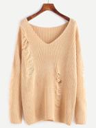 Romwe Apricot V Neck Drop Shoulder Ripped Sweater
