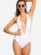 Romwe White Plunge Halter Neck Backless One-piece Swimwear