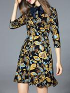 Romwe Multicolor Bowknot Neck Monkeys Leaves Frill Dress