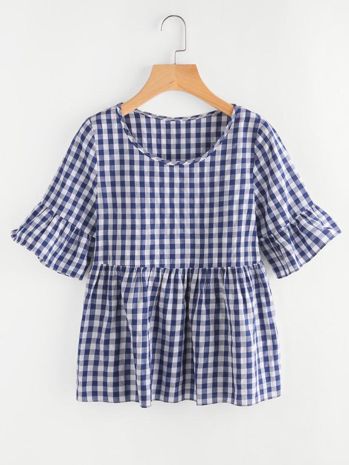 Romwe Frill Trim Gingham Blouse