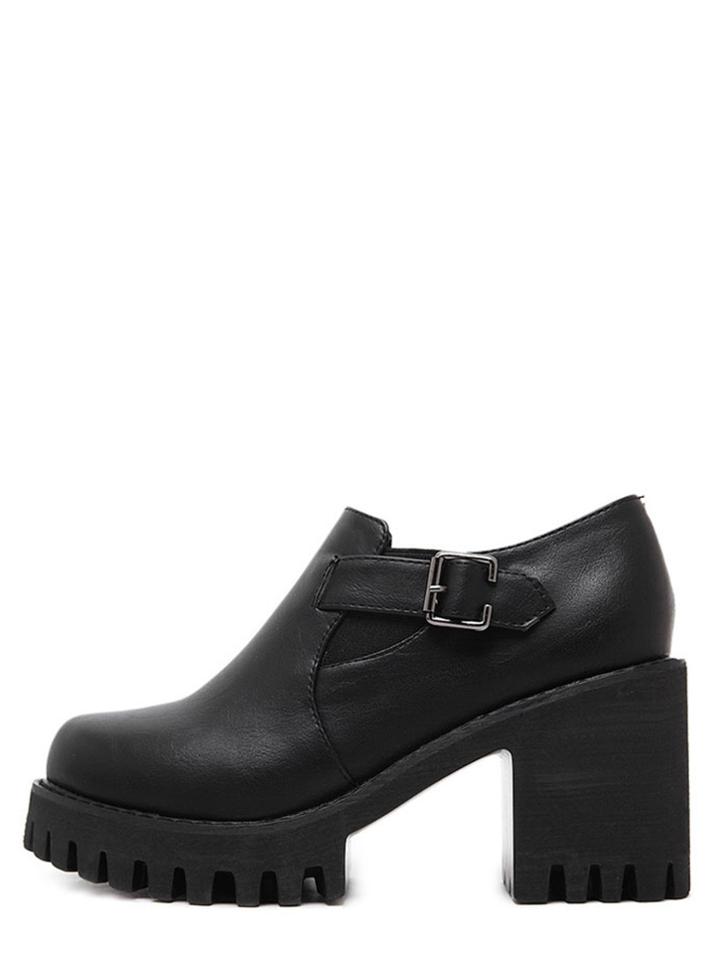 Romwe Black Round Toe Buckle Chunky Pumps