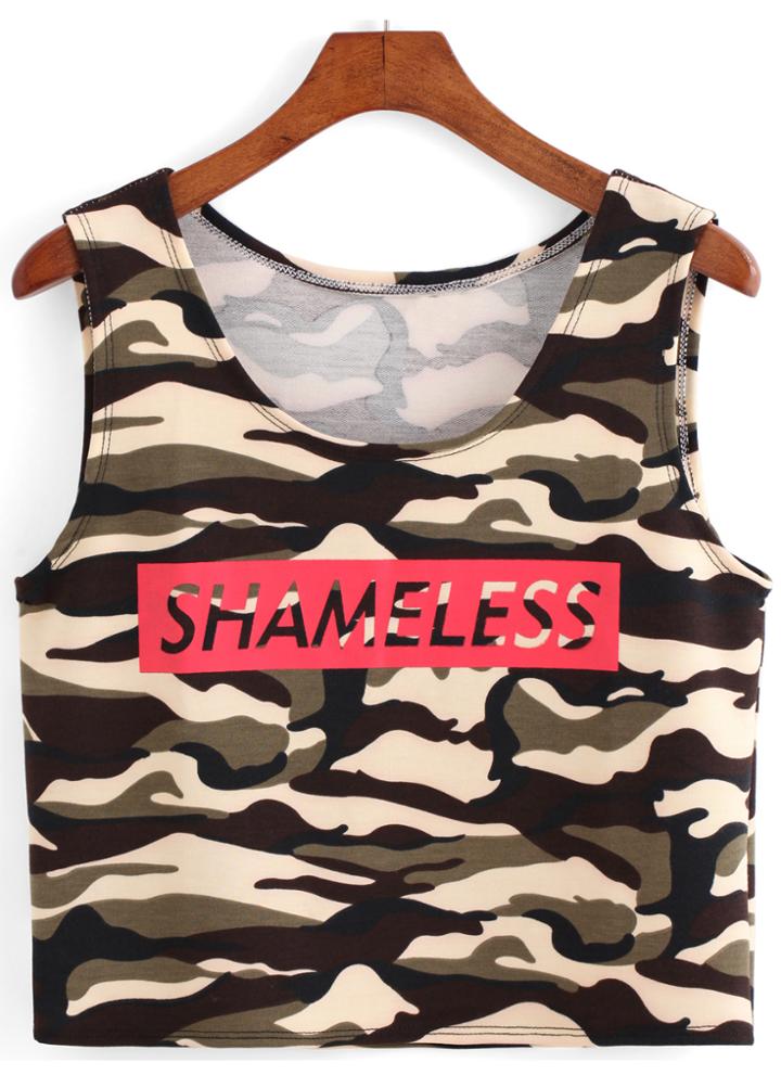 Romwe Letter Print Camouflage Tank Top