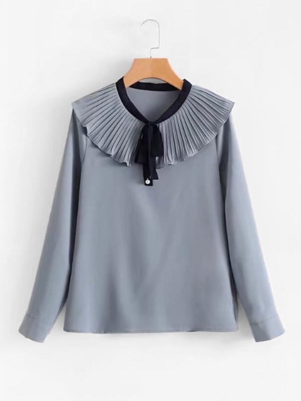 Romwe Tie Neck Pleated Blouse