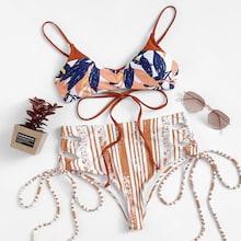 Romwe Lace-up Tie Side Cut-out Random Pattern Bikini Set