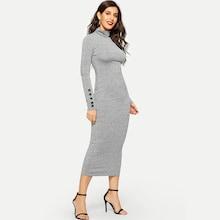 Romwe High Neck Button Detail Heathered Pencil Dress