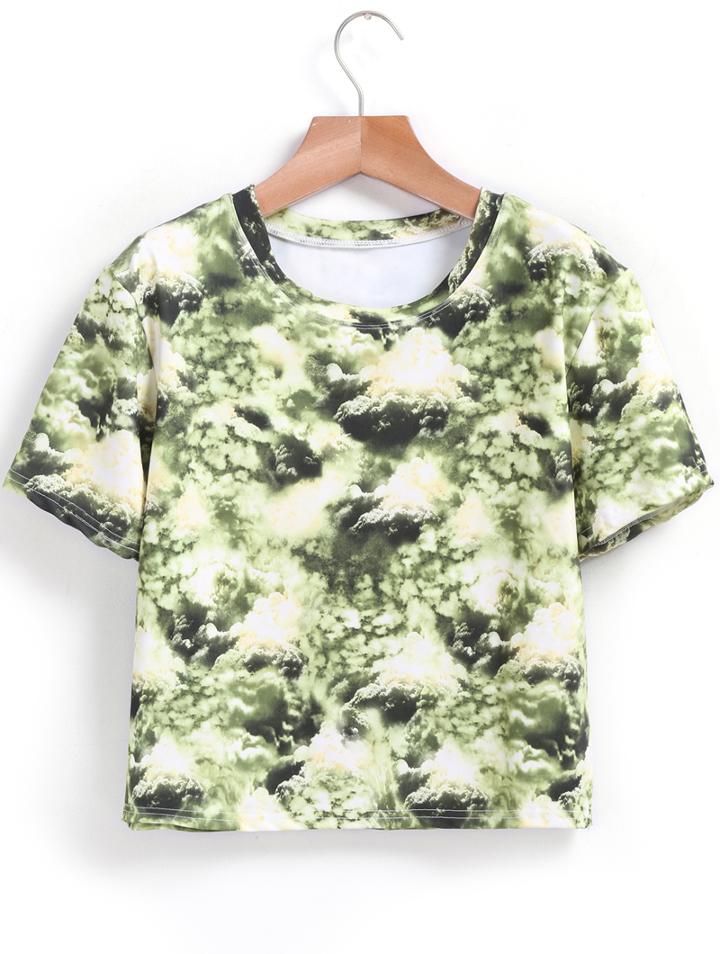 Romwe Clouds Print Crop T-shirt