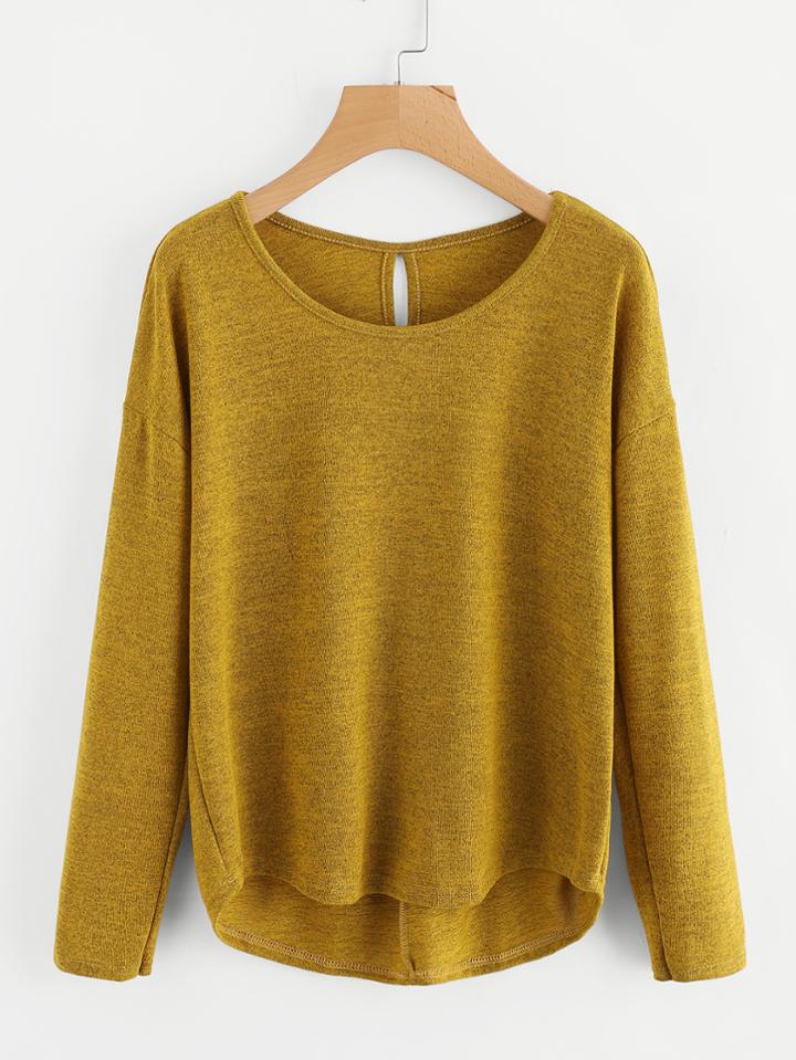 Romwe Keyhole Back Dip Hem Marled Knit Tee