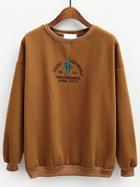 Romwe Khaki Round Neck Cactus Letters Embroidered Sweatshirt