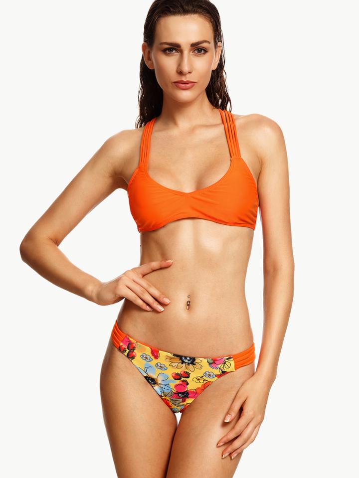Romwe Floral Print Strappy Racerback Bikini Set
