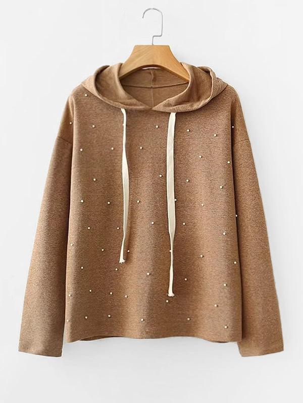 Romwe Faux Pearl Embellished Hoodie