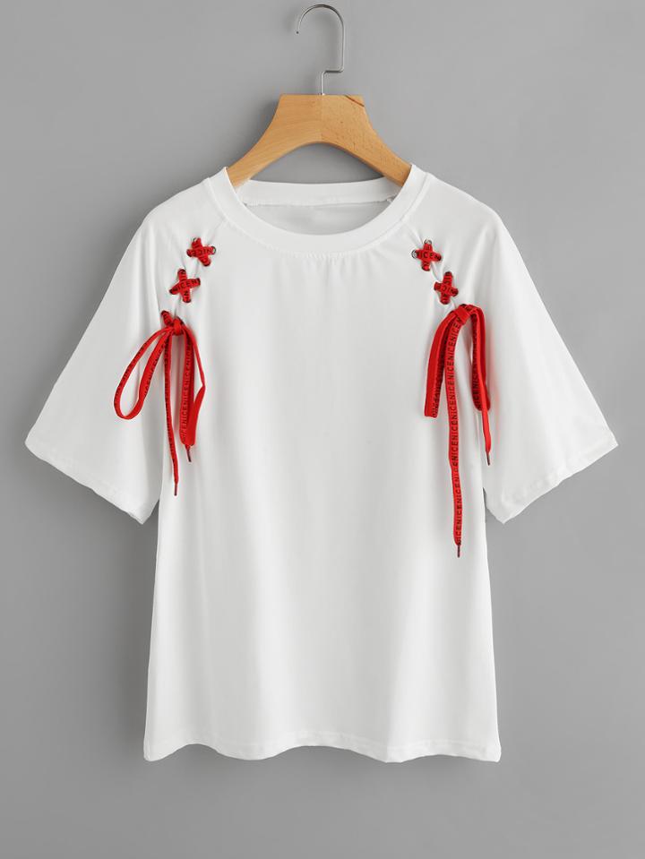 Romwe Symmetrical Eyelet Lace Up Tee